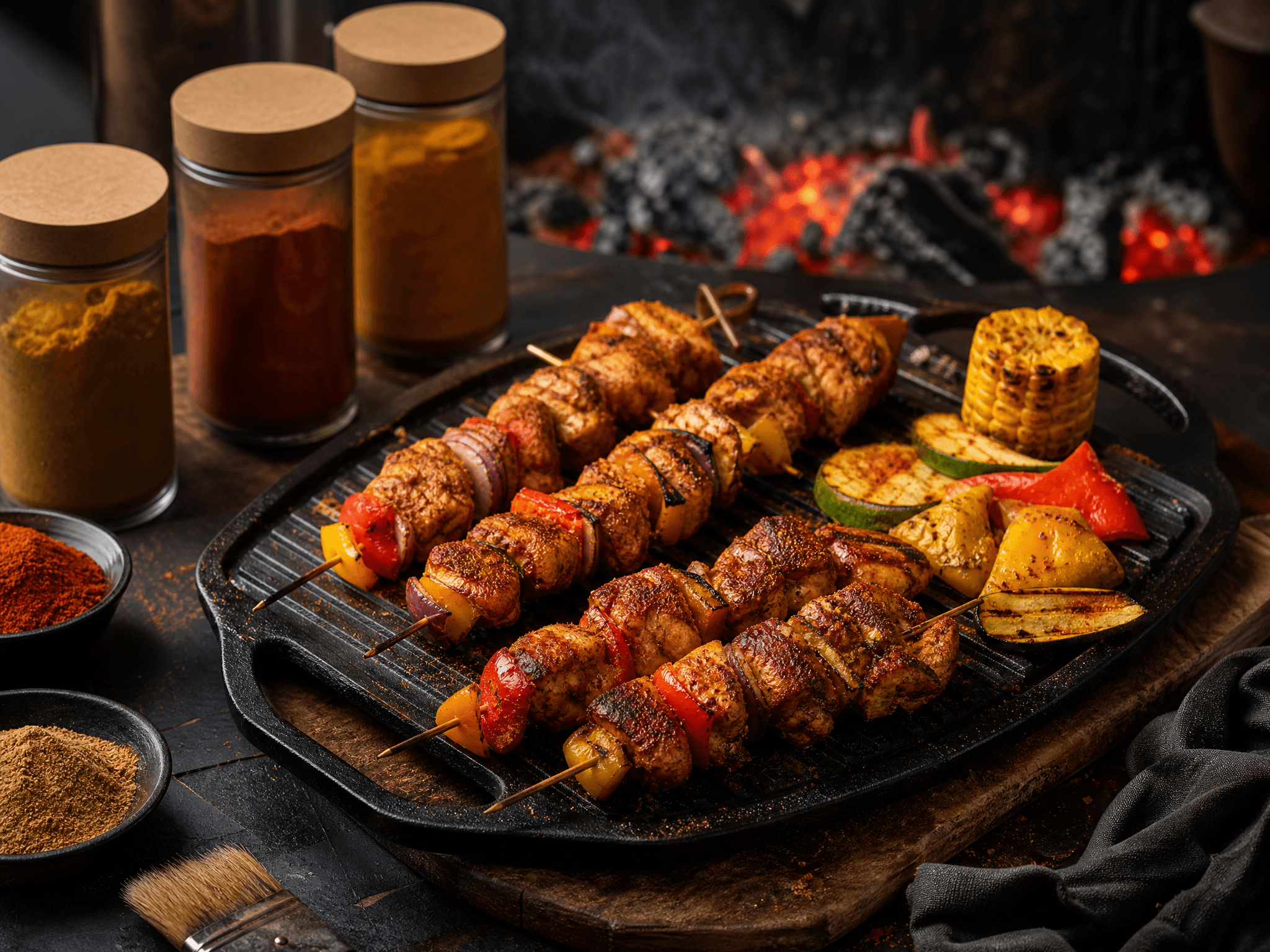 Dry-rubbed grilled skewers over glowing embers