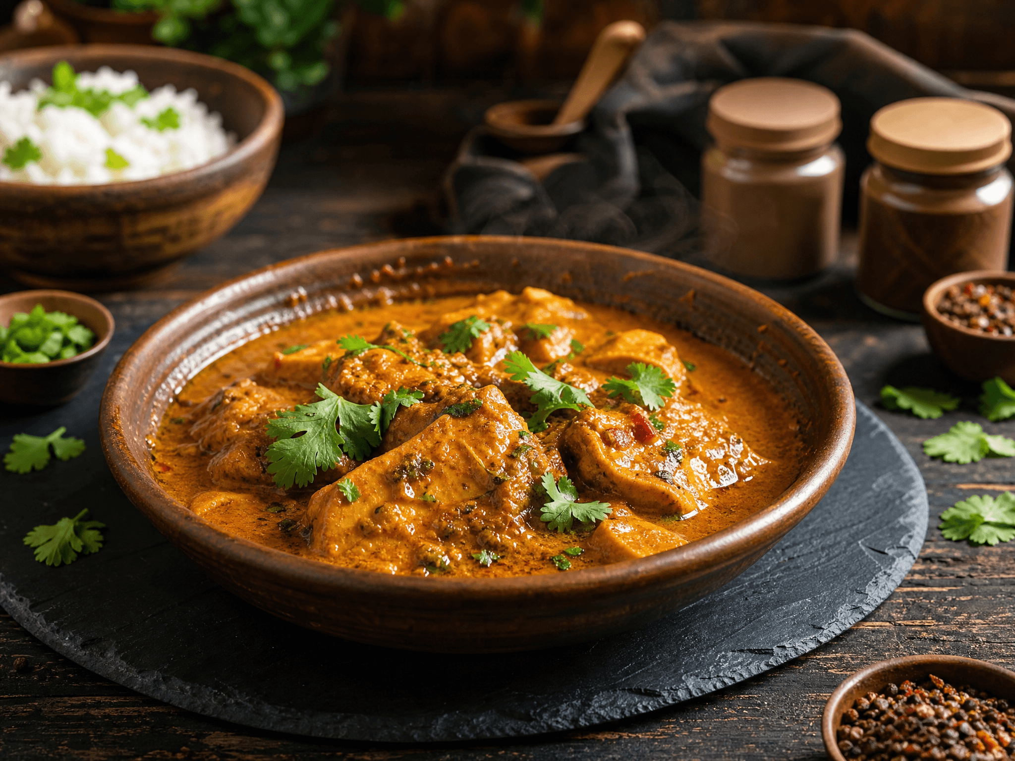 Bowl of simmered golden curry with fresh coriander
