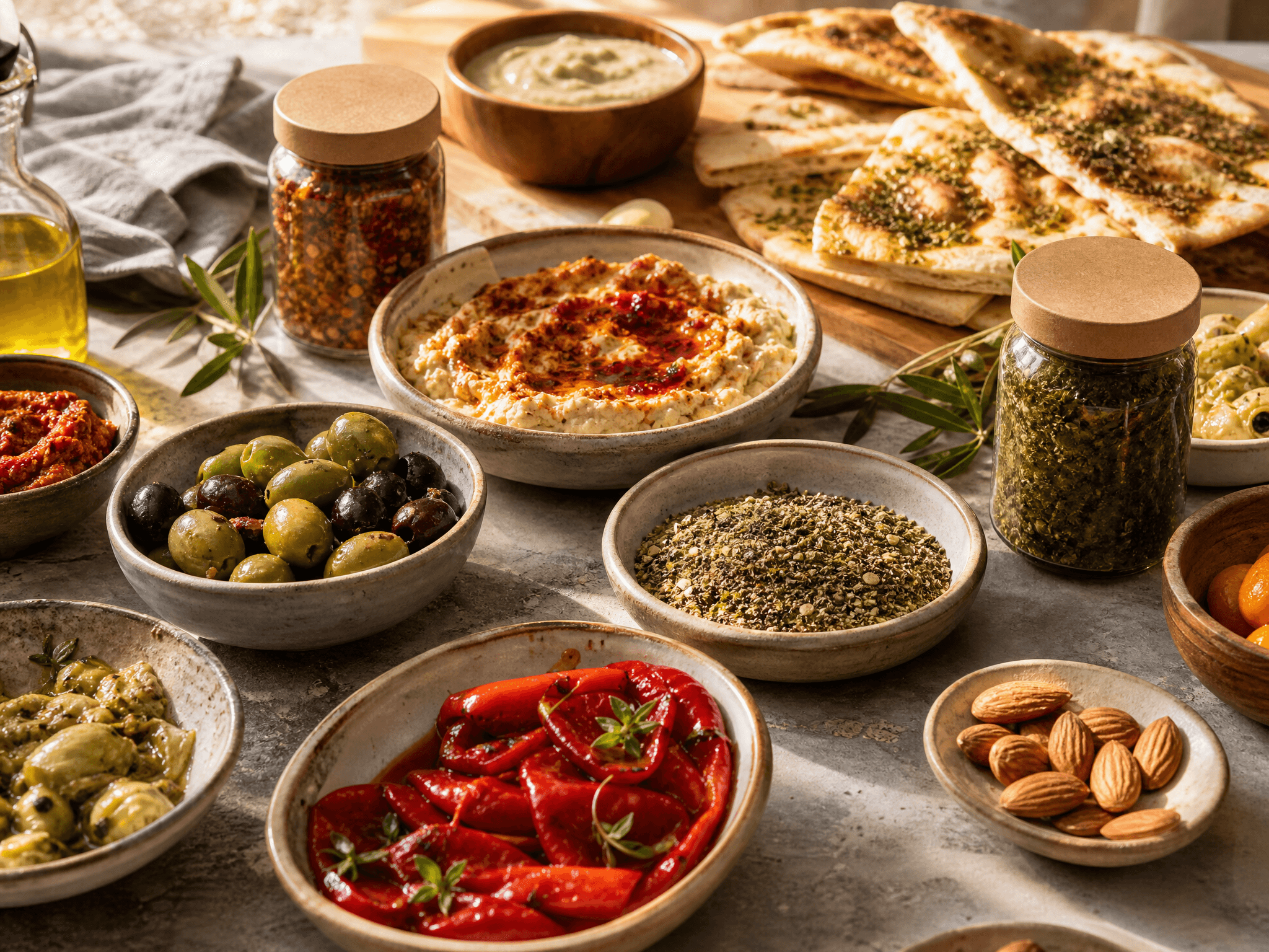 Mezze spread of herb-dusted flatbread, roasted peppers and olives
