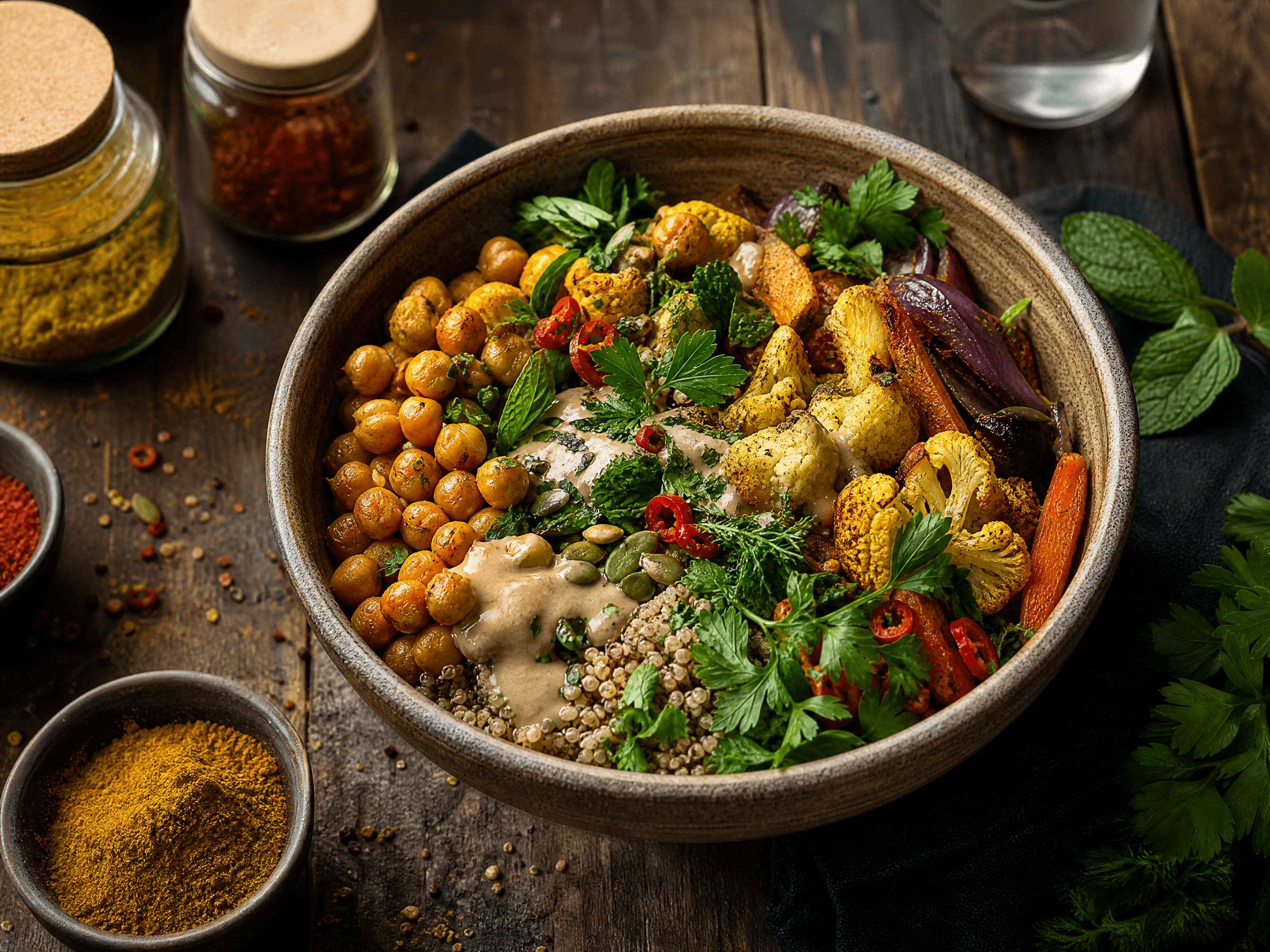 Grain bowl of spiced roasted vegetables, chickpeas and herbs