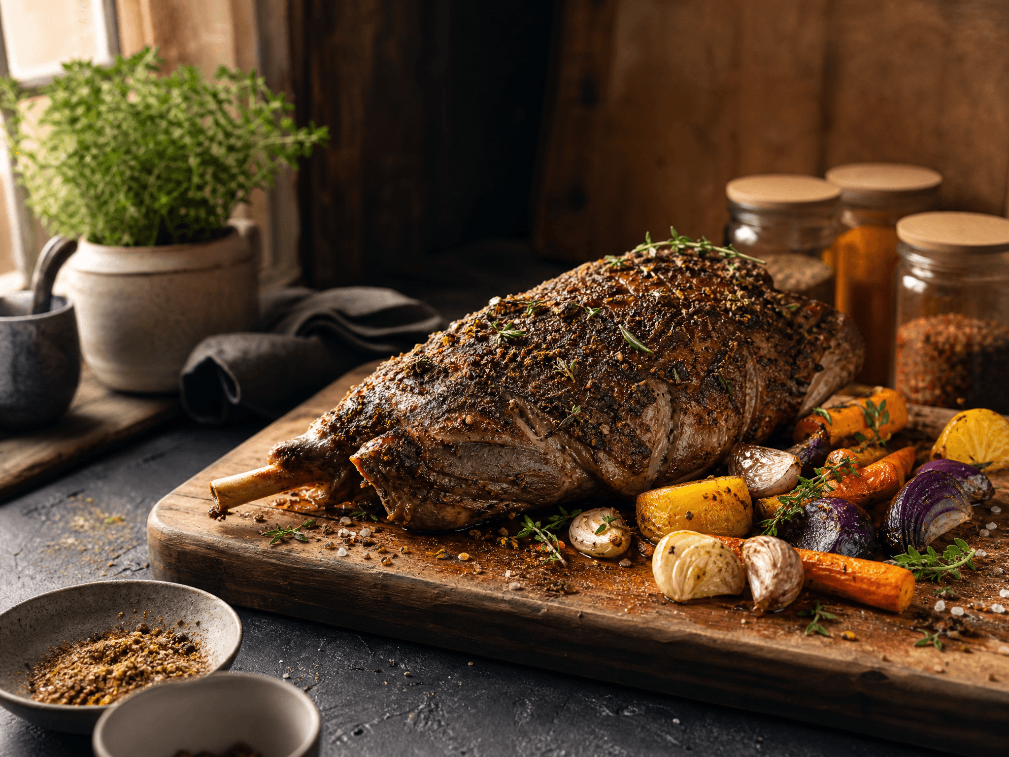 Herb-rubbed roast resting on a carving board with roast vegetables