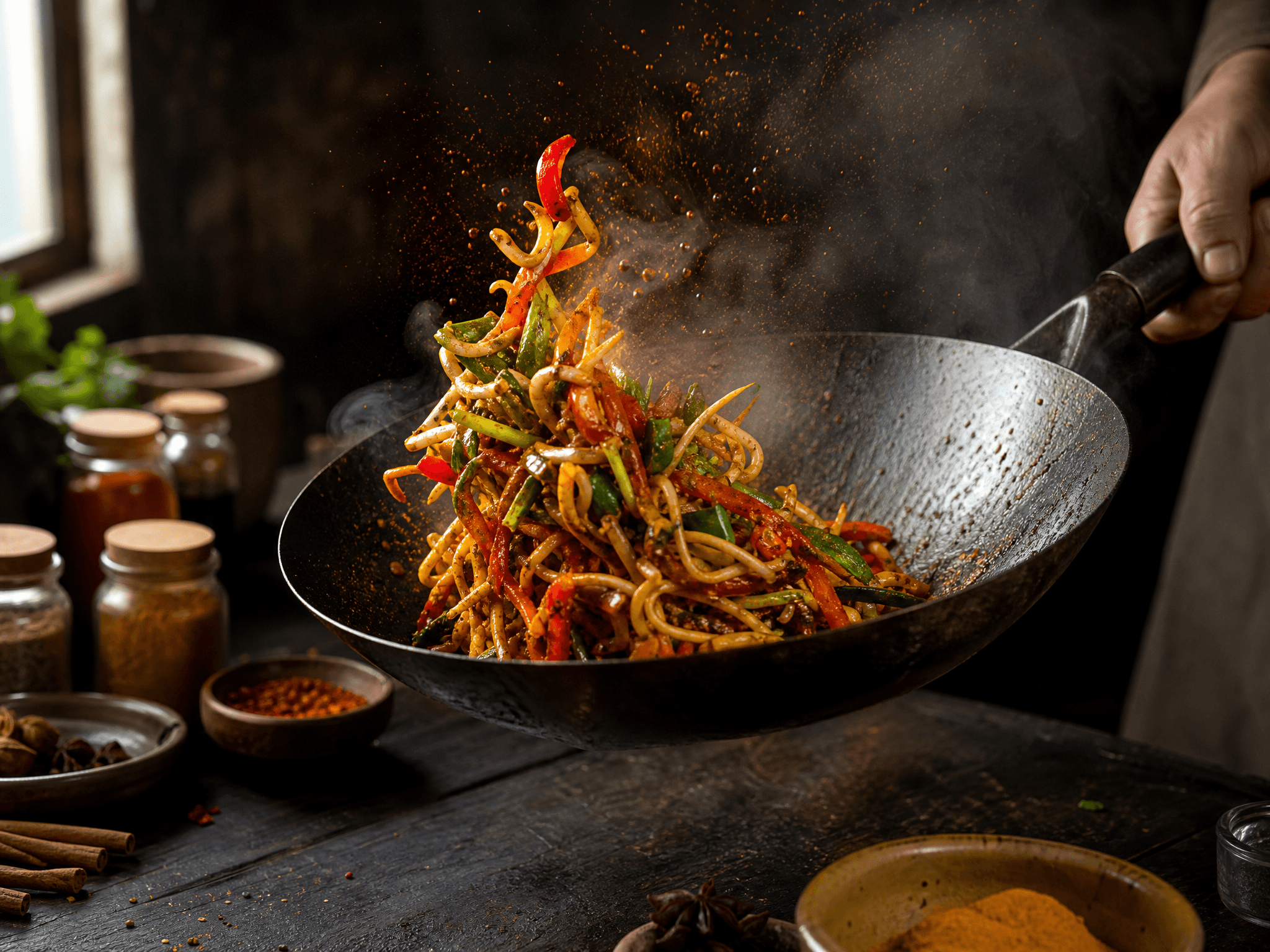 Wok tossing spiced stir-fried vegetables and noodles