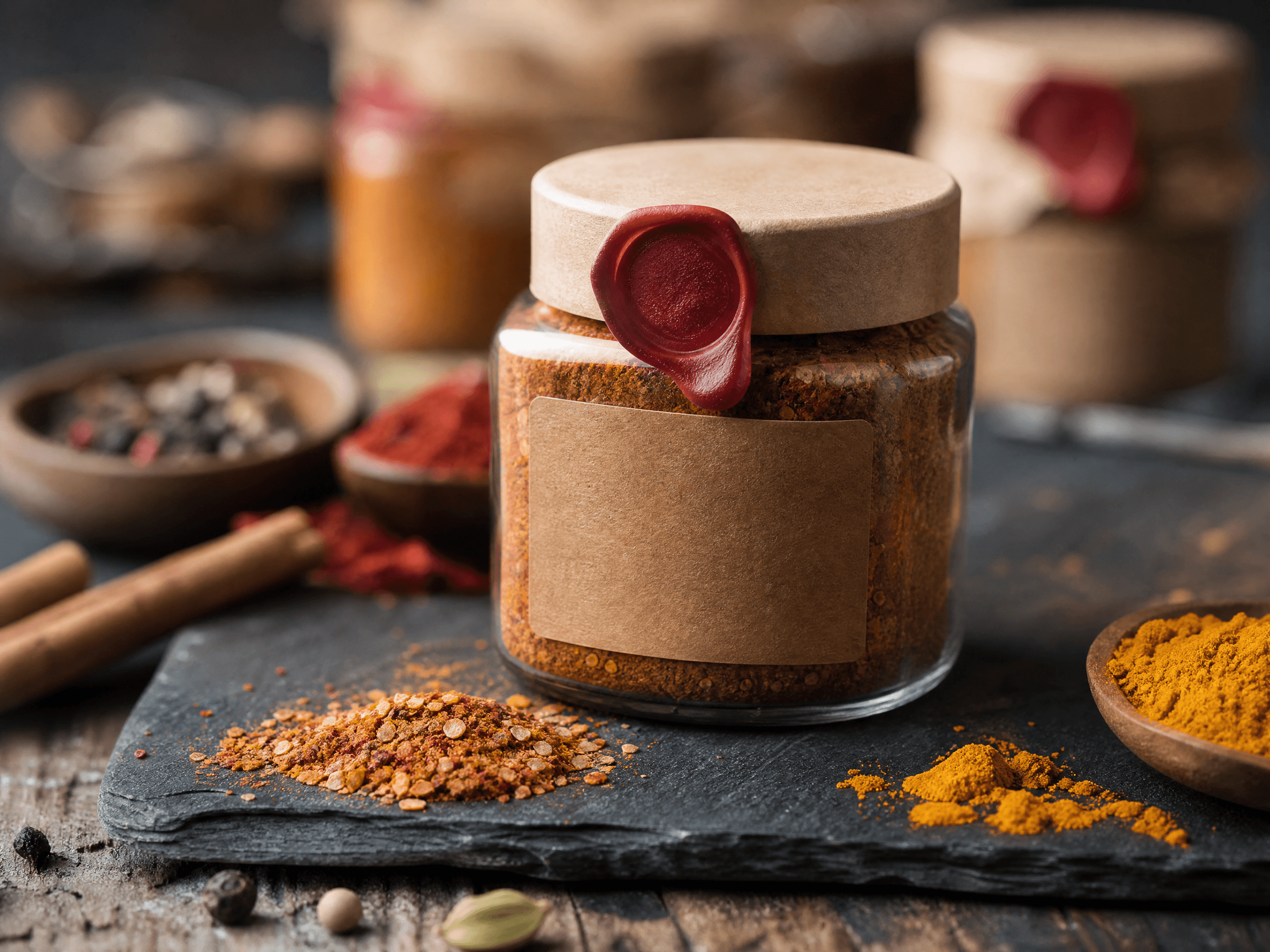 Close-up of a spice jar with a plain kraft label
