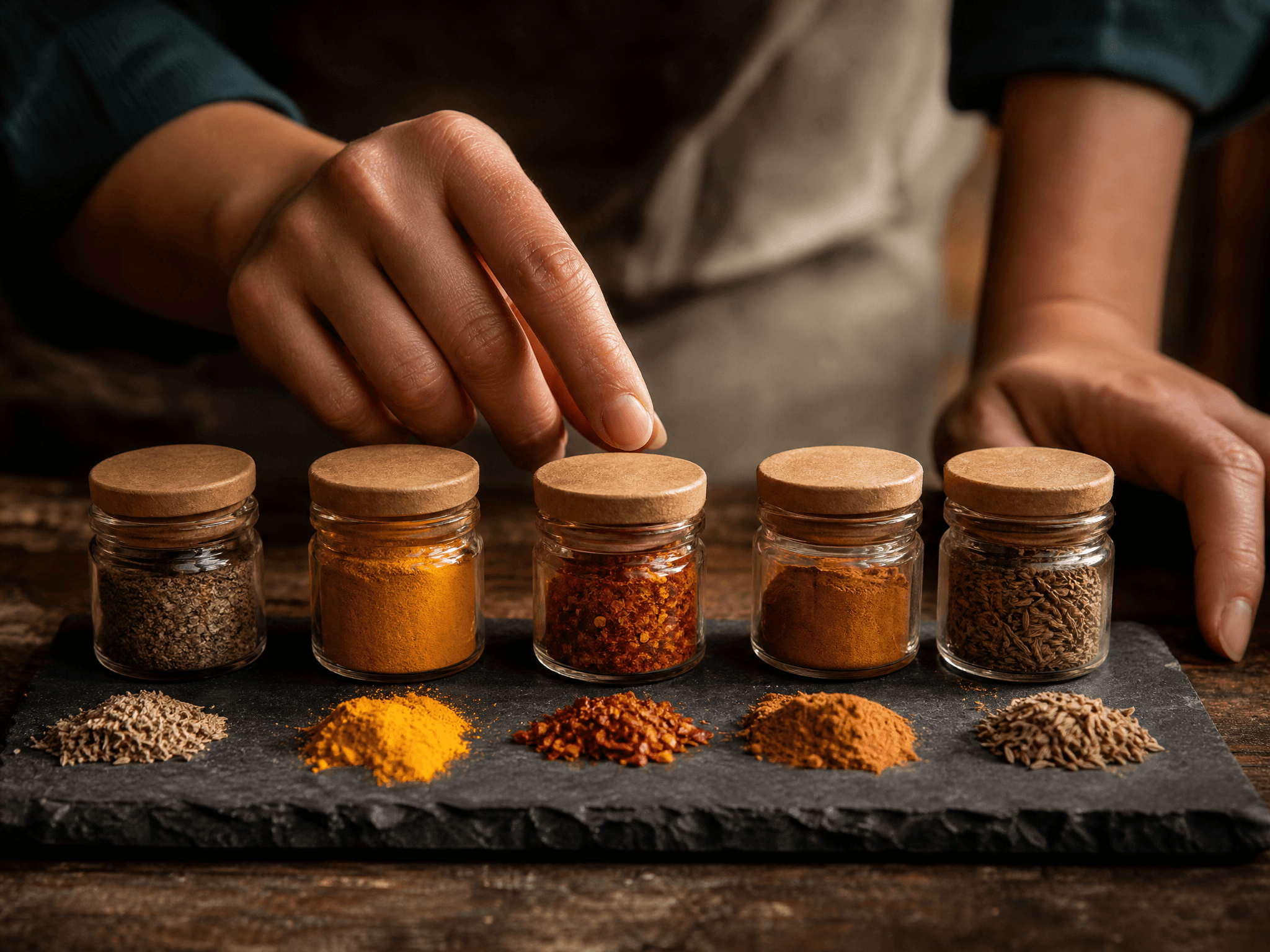 Curated tasting flight of small spice jars