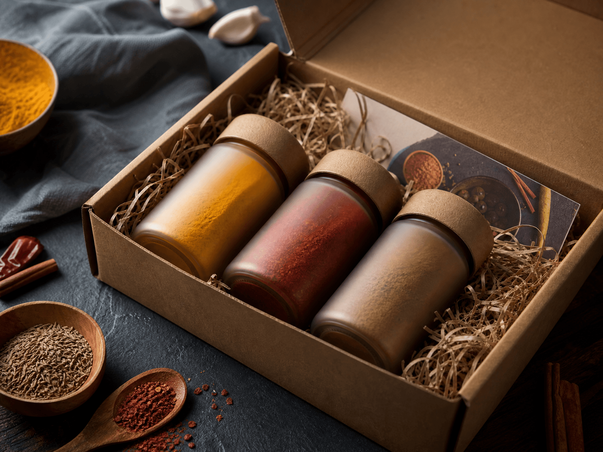 Opened monthly subscription box of spice jars