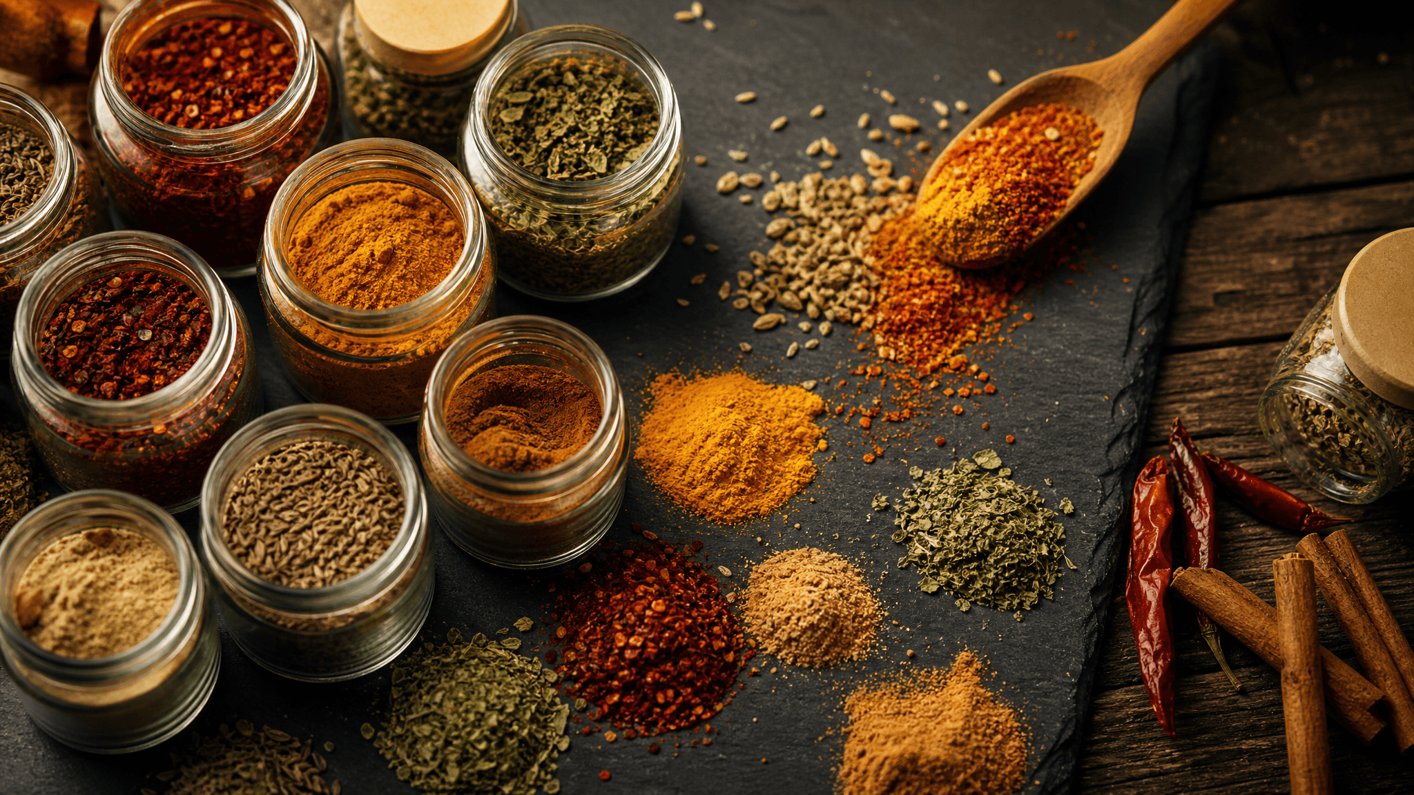 Overhead spread of open spice jars and loose ground spices on dark slate