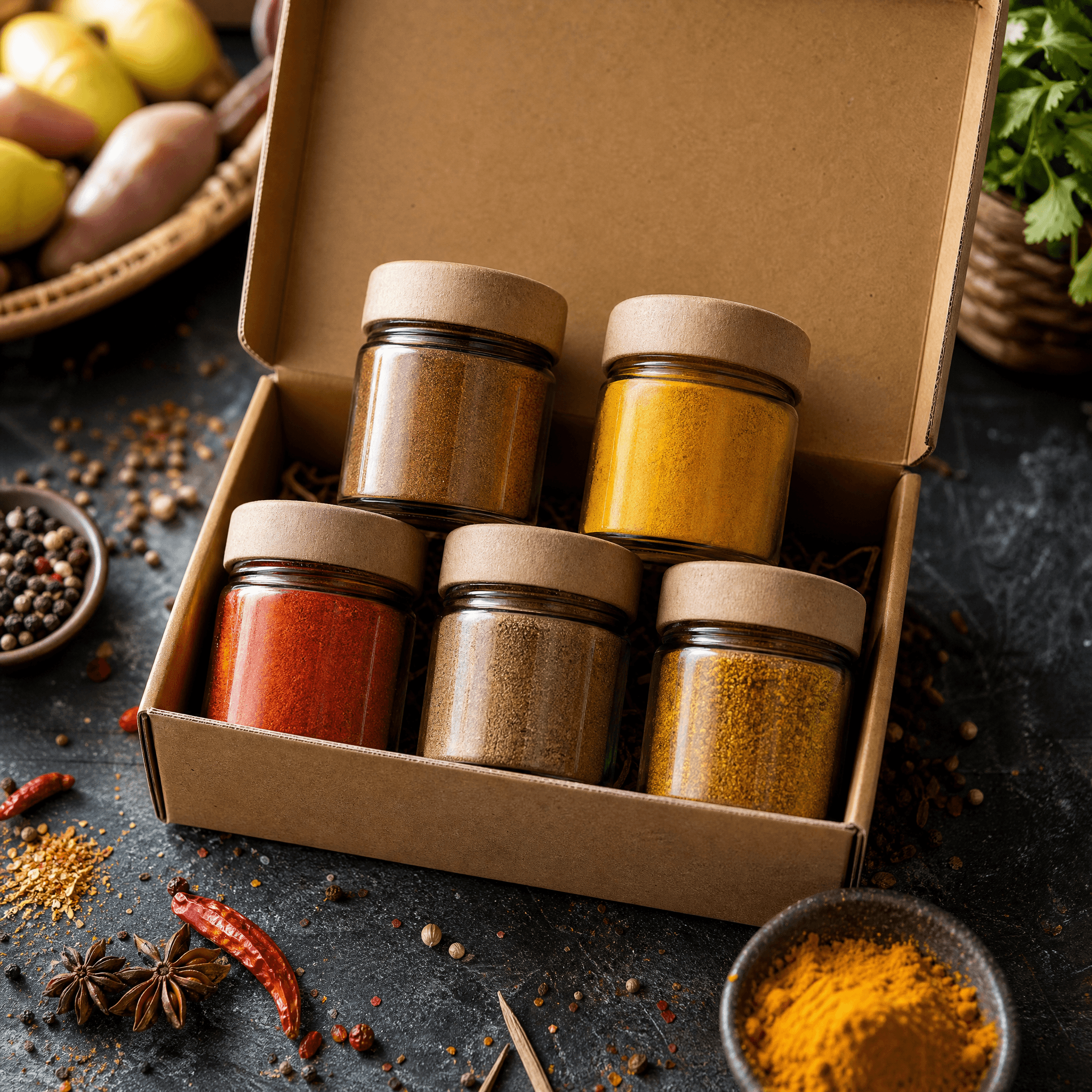 Street Food Seasoning Box — Five street-stall seasonings — shawarma, peri-style, masala fries, taco, katsu.