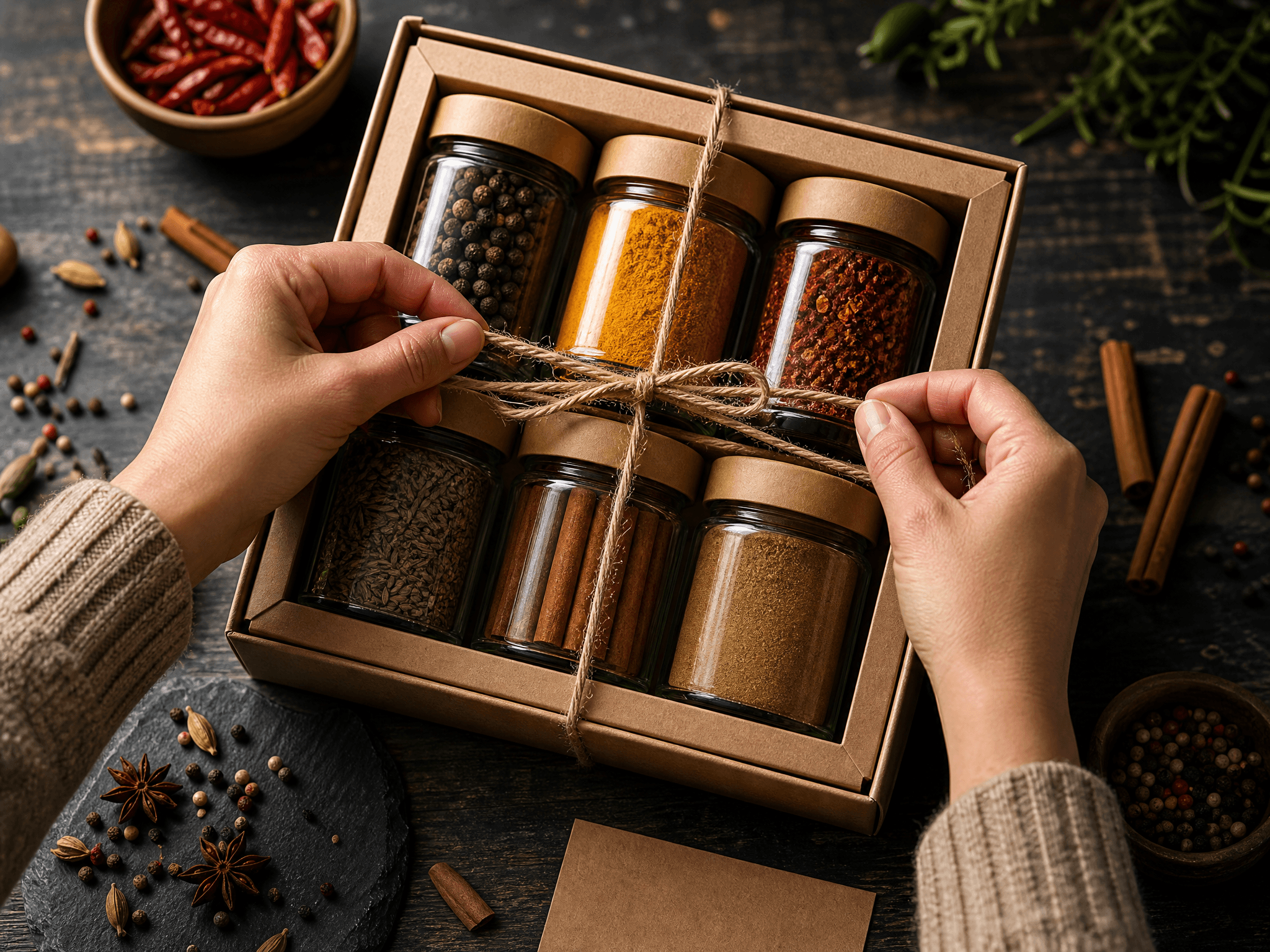 Hands untying twine on a kraft gift box of spice jars